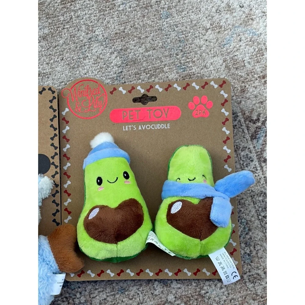 Winifred & Lily Pet Toy Bundle Cow Ring and Avocado 2PK Plush Squeak Toys NEW